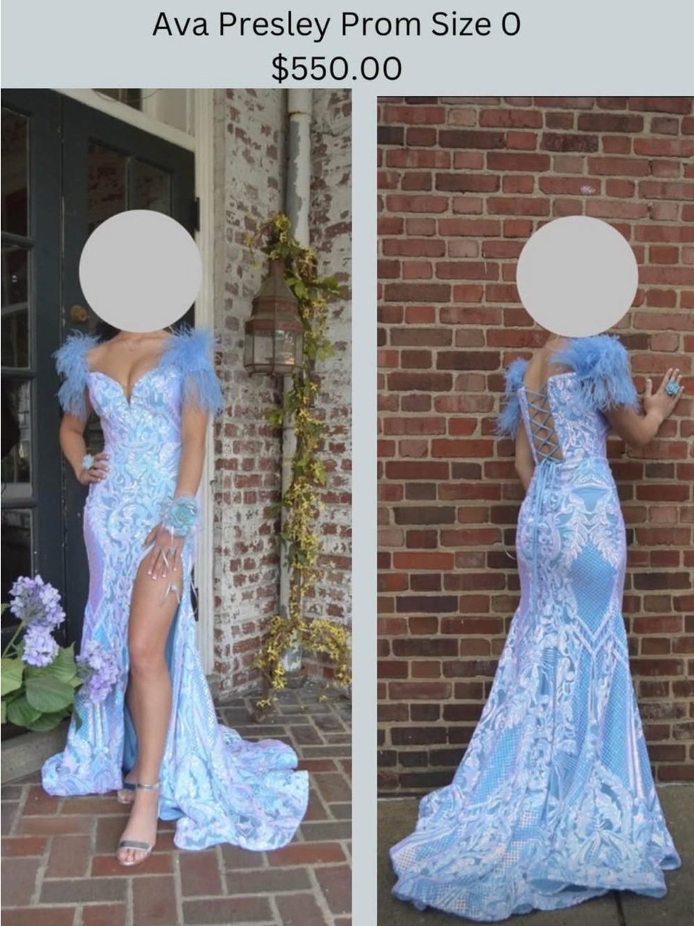 Ava Presley Light Blue Feather-Trim Lace-Up Prom Gown